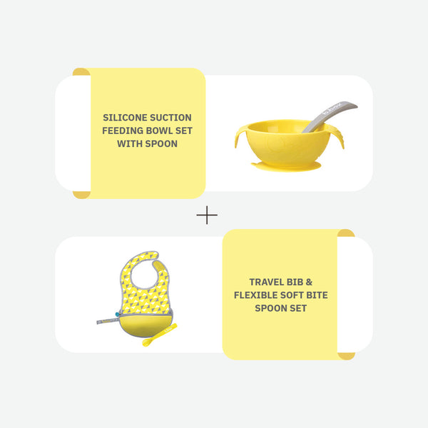 Travel Bib + Suction Feeding Bowl Set Lemon