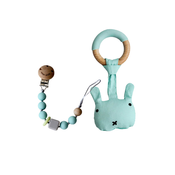 Silicone Pacifinder Beads with Clip Holder + Wood Plush Rattle Teether Toy