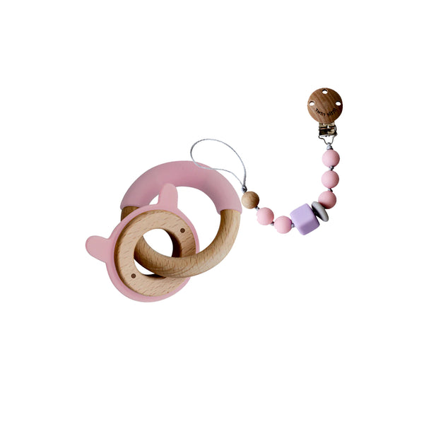Wood Silicone Disc & Ring Teether+ Silicone Pacifinder Beads with Clip Holder