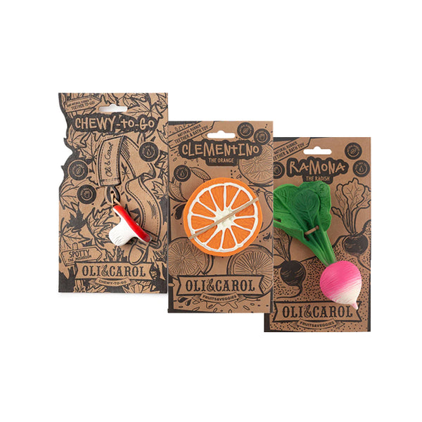 Ramona The Radish + Clementino The Orange Natural Rubber +Spotty The Mushroom Chewy Teether