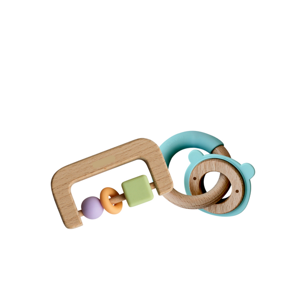 Little Rawr - Wood + Silicone Disc & Ring Teether & D Shape Teether Combo - Blue - Sohii India