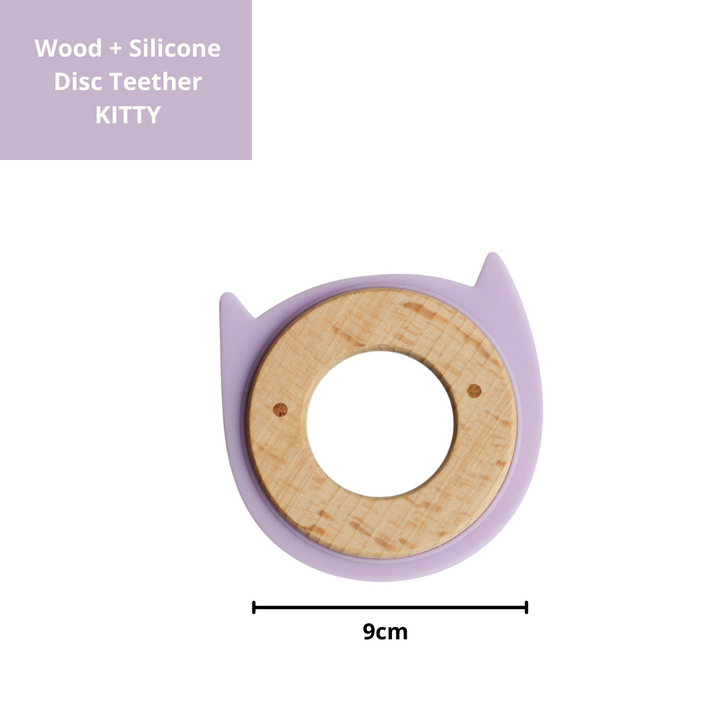 Little Rawr Wood + Silicone Disc Teether- KITTY Shape- Purple - Sohii India