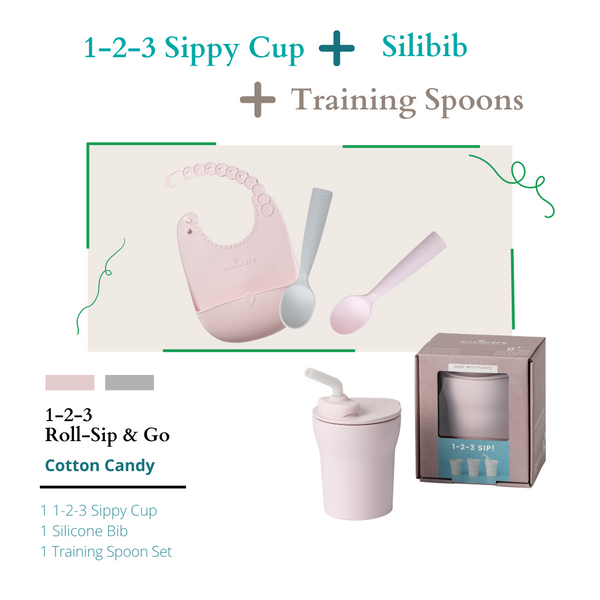 Roll, Sip & Go Combo, 1-2-3 Sip Cup + Roll & Lock Silibib + Training Spoon Set Grey/Cotton Candy