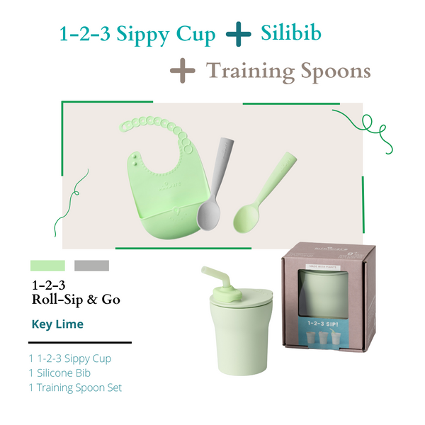 Roll, Sip & Go Combo, 1-2-3 Sip Cup + Roll & Lock Silibib + Training Spoon Set Grey/Key Lime
