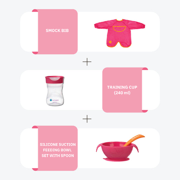 Smock Bib + Training Cup +  Suction Feeding Bowl Set Pink Orange
