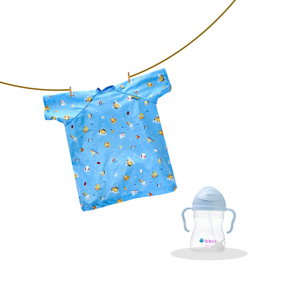 Bibado Long Sleeve Coverall Weaning Bib Party Blue + b.box Weighted Straw Sippy Cup 240 Bubblegum Light Blueml