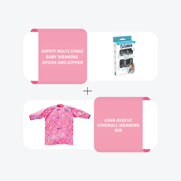 Bibado Long Sleeve Coverall Weaning Bib + Weaning Spoon and Dipper Pink & Grey