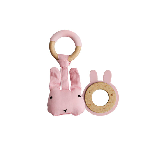 Little Rawr Wood Silicone Disc Teether +  Wood Plush Rattle Teether Toy Pink