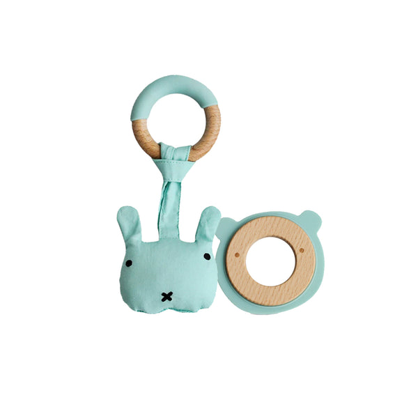 Little Rawr Wood Silicone Disc Teether +  Wood Plush Rattle Teether Toy Blue