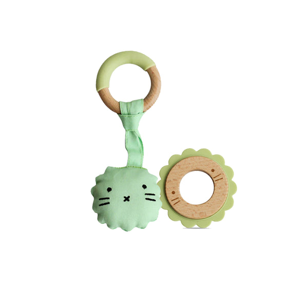 Little Rawr Wood Silicone Disc Teether +  Wood Plush Rattle Teether Toy Green