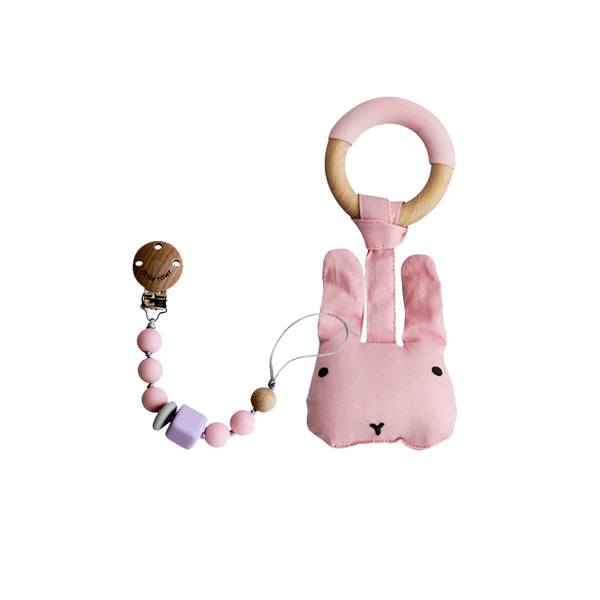 Little Rawr Silicone Pacifinder Beads with Clip Holder + Wood Plush Rattle Teether Toy Pink