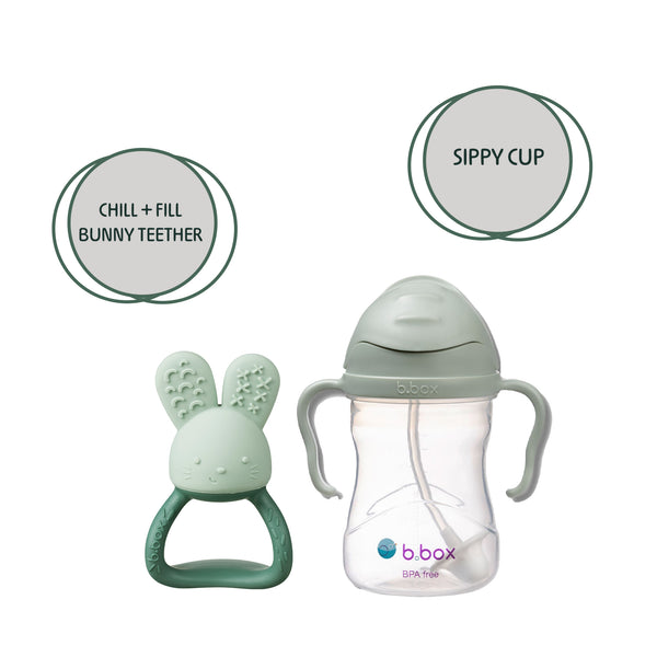 b.box Weighted Straw Sippy Cup + Chill & Fill Teether Green