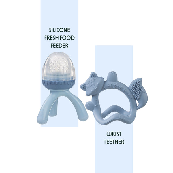 Silicone Fresh Food Feeder + Wrist Teether Blue