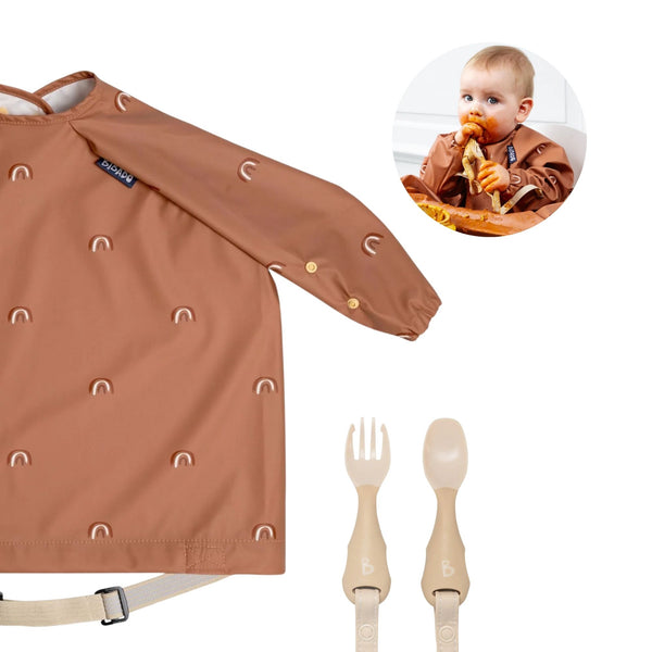 Coverall Weaning Chasing Rainbows Bib + Handi Cutlery Fawn