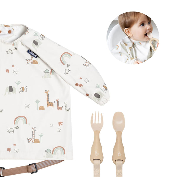 Coverall Weaning Serengeti Spaghetti Bib + Handi Cutlery Fawn