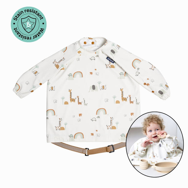 Stain & Water Proof Long Sleeve Coverall Shirt Weaning Bib Serengeti Spaghetti Print- White - For Infants