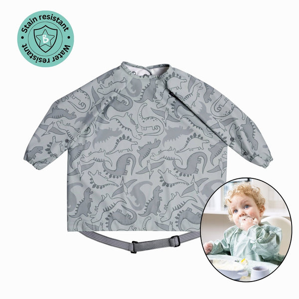 Stain & Water Proof Long Sleeve Coverall Shirt Weaning Bib Dino Roar Print- Grey - For Infants