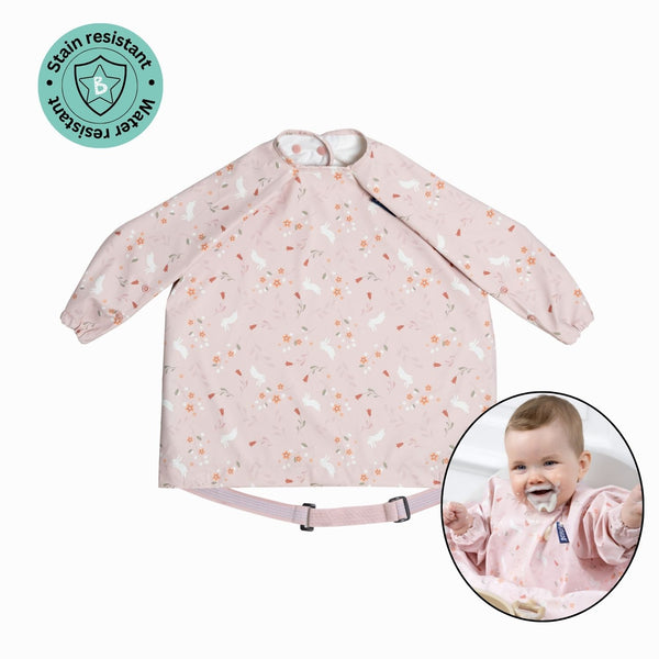 Stain & Water Proof Long Sleeve Coverall Shirt Weaning Bib Botanical Bunnies Print- Pink - For Infants