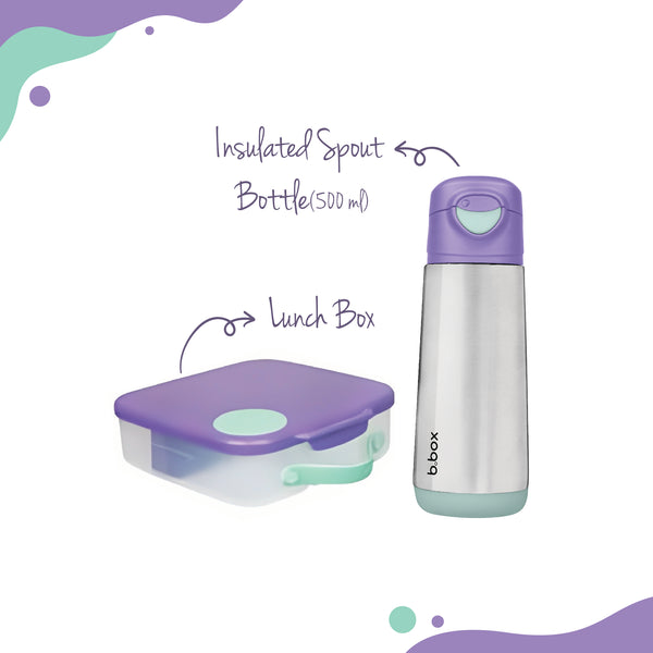 b.box Insulated Spout Drink Bottle 500ml + Lunch box Lilac Pop Purple