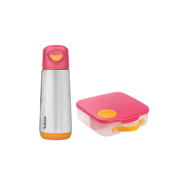 b.box Insulated Sport Spout Drink Water Bottle 500ml + Lunch box Strawberry shake pink orange