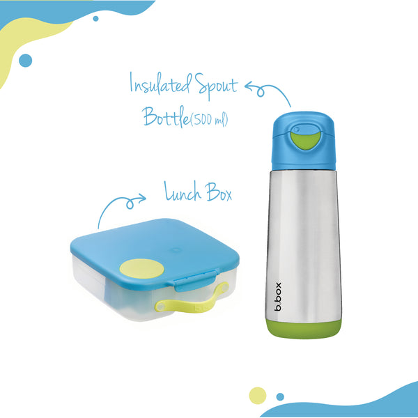 b.box Insulated Spout Drink Water Bottle 500ml + Lunch Box Ocean Breeze Blue