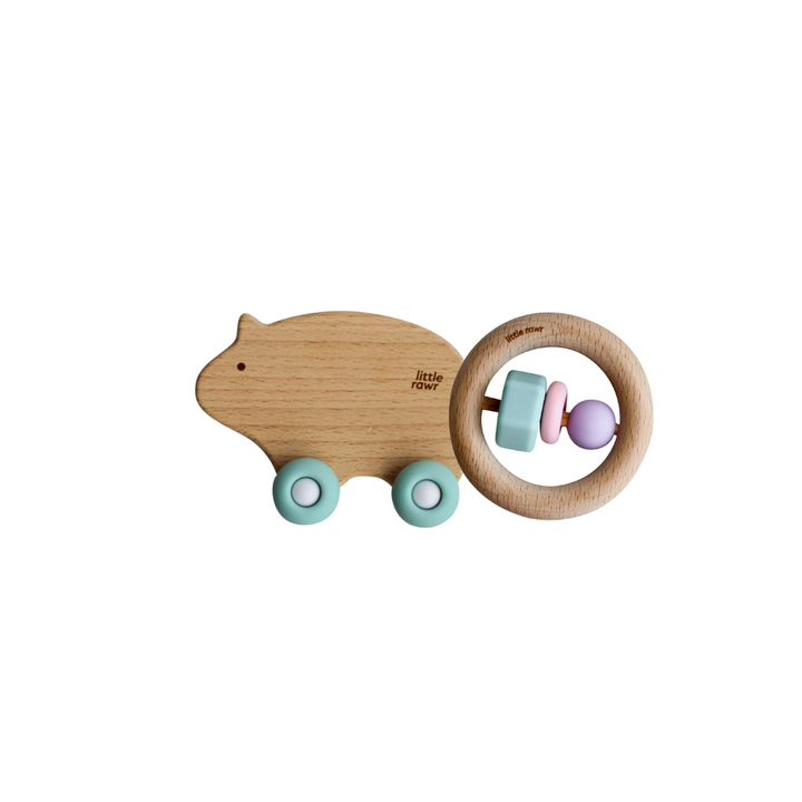 Little Rawr- Wood + Silicone Bead O Shaped Teether & Wood Wheelie Animal Toy-Blue - Sohii India