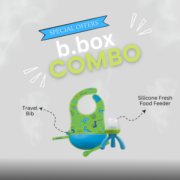 b.box Tweeny Tiny Combo- Travel Bib & Silicone Fresh Food Feeder Blue