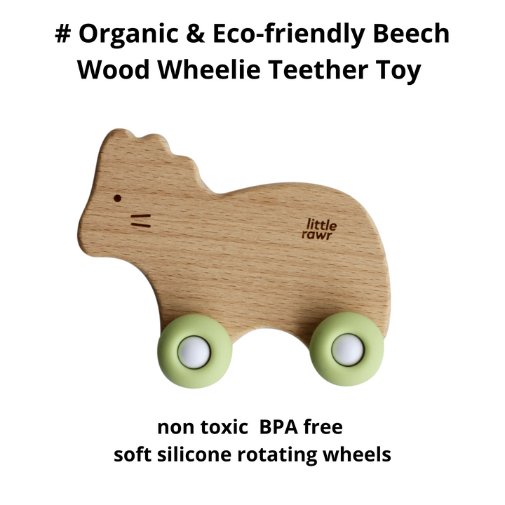 Little Rawr - Wood + Silicone Bead O Shape Teether & Wood Wheelie Animal Toy - Green - Sohii India