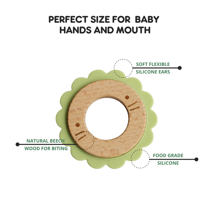 Little Rawr Wood + Silicone Disc Teether- LION Shape- Green - Sohii India