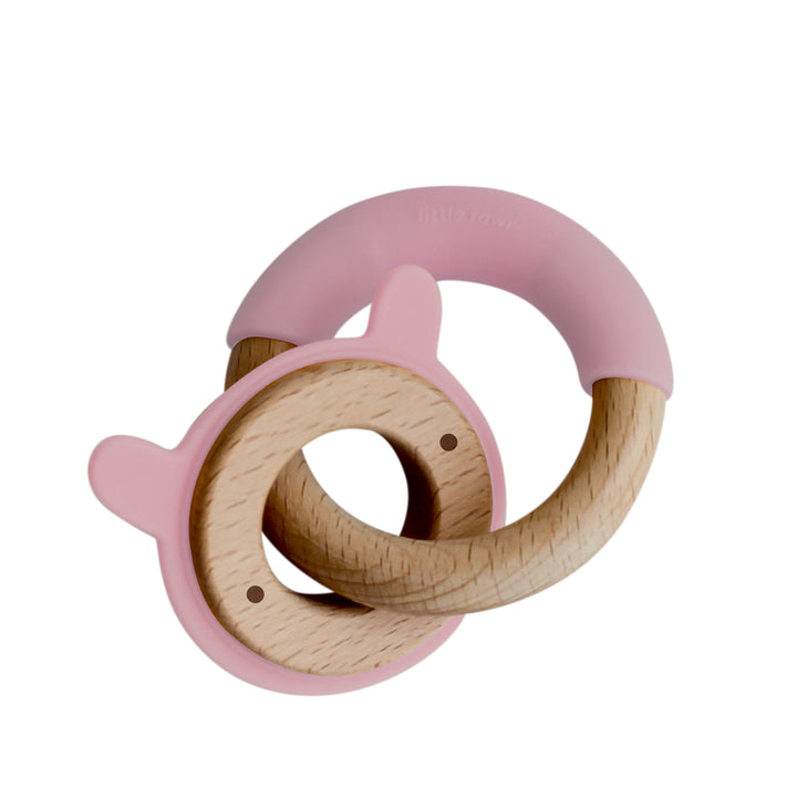 Little Rawr Wood + Silicone Disc & Ring Teether - RABBIT Shape- Pink - Sohii India