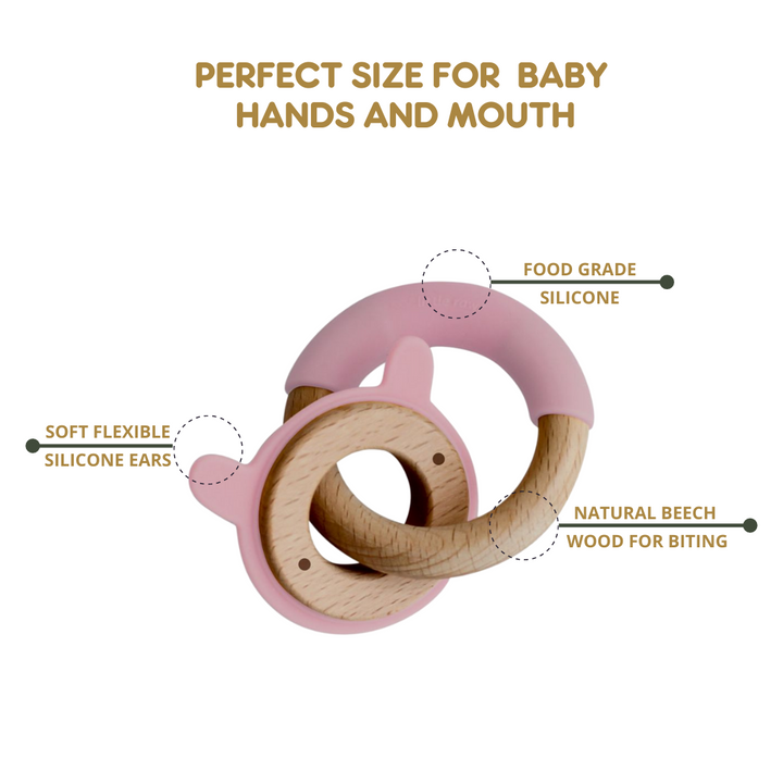 Little Rawr Wood + Silicone Disc & Ring Teether - RABBIT Shape- Pink - Sohii India