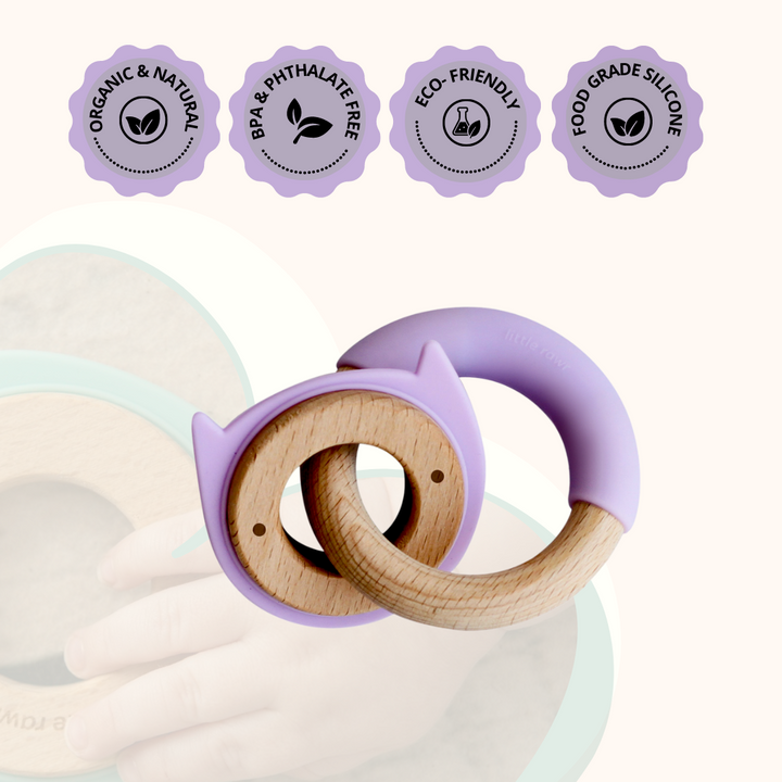 Little Rawr Wood + Silicone Disc & Ring Teether- KITTY Shape- Purple - Sohii India