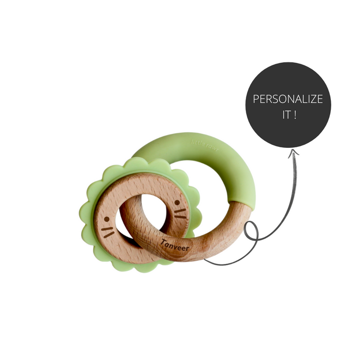 Little Rawr Wood + Silicone Disc & Ring Teether- LION Shape- Green - Sohii India