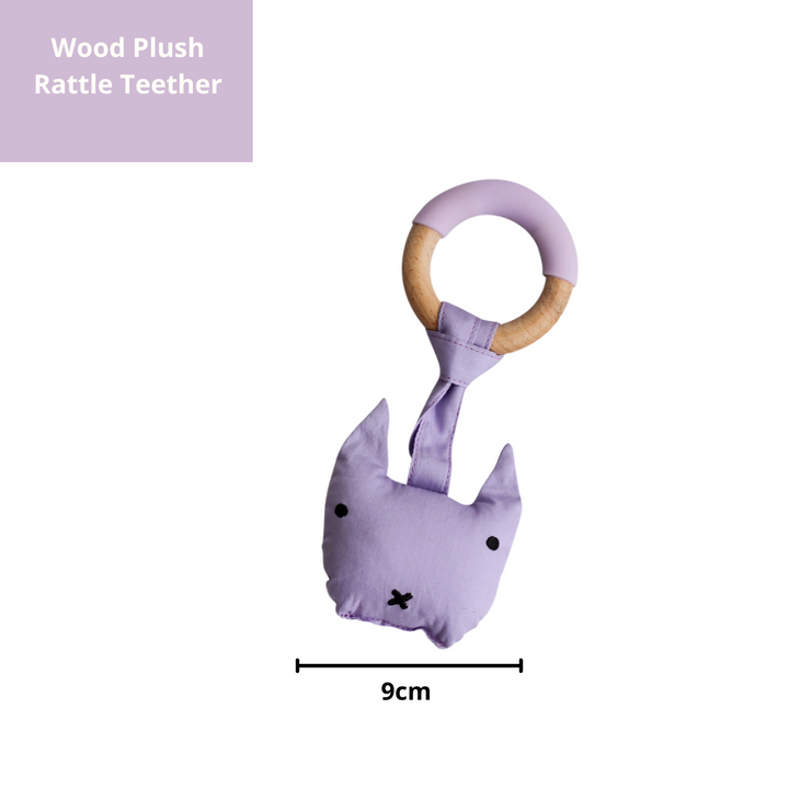 Little Rawr Wood Plush Rattle Teether Toy-  KITTY Shape- Purple - Sohii India