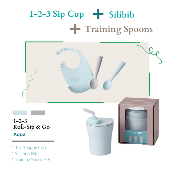 Miniware Roll, Sip & Go Combo Aqua (1-2-3 Sip Cup, Roll & Lock Silibib, Training Spoon Set Grey/Aqua)