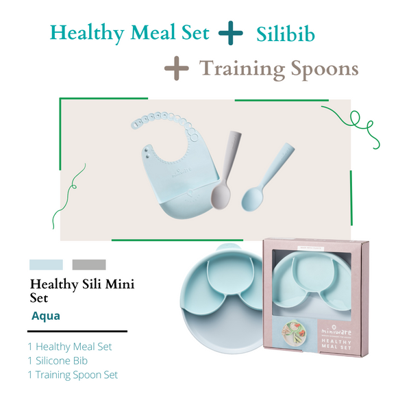 Miniware Suppertime Combo (Silibib, Healthy Meal Aqua/Aqua, Training Spoon Grey/Aqua)