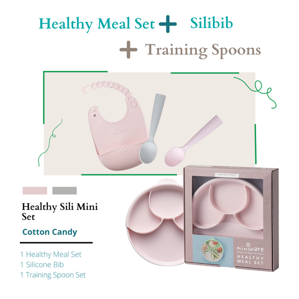 Miniware Suppertime Combo Cotton Candy (Roll & Lock Silibib, Healthy Meal Cotton Candy, Training Spoon Grey/Cotton Candy)