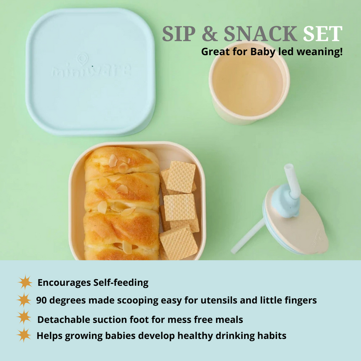 Miniware Sip & Snack- Suction Bowl with Sippy Cup Feeding Set  Vanilla/Aqua - Sohii India