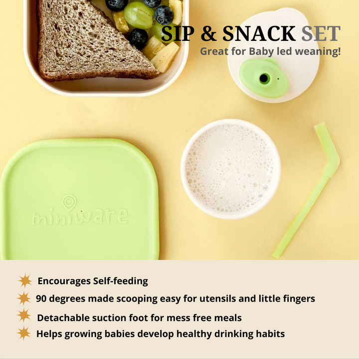 Miniware Sip & Snack- Suction Bowl with Sippy Cup Feeding Set  Vanilla/Lime - Sohii India