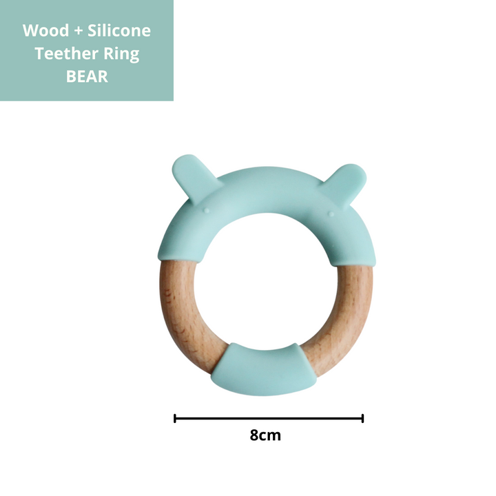 Little Rawr Wood + Silicone Teether Ring - BEAR Shape- Blue - Sohii India