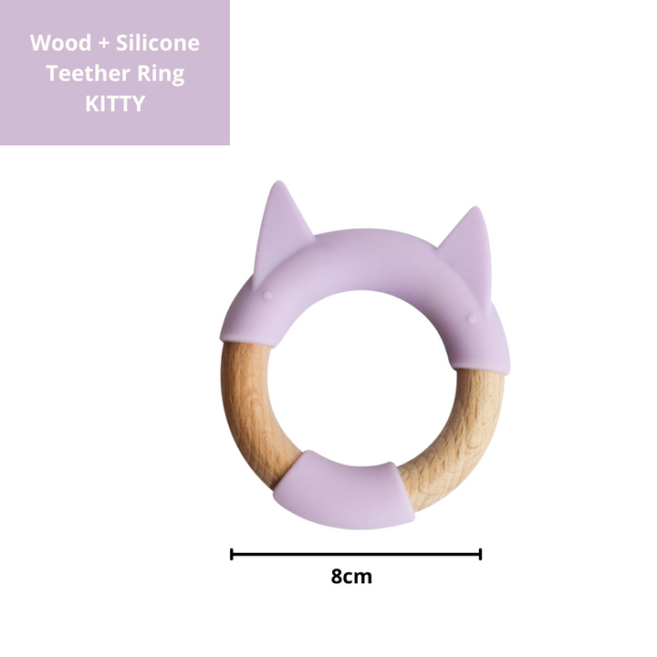 Little Rawr Wood + Silicone Teether Ring - KITTY Shape- Purple - Sohii India