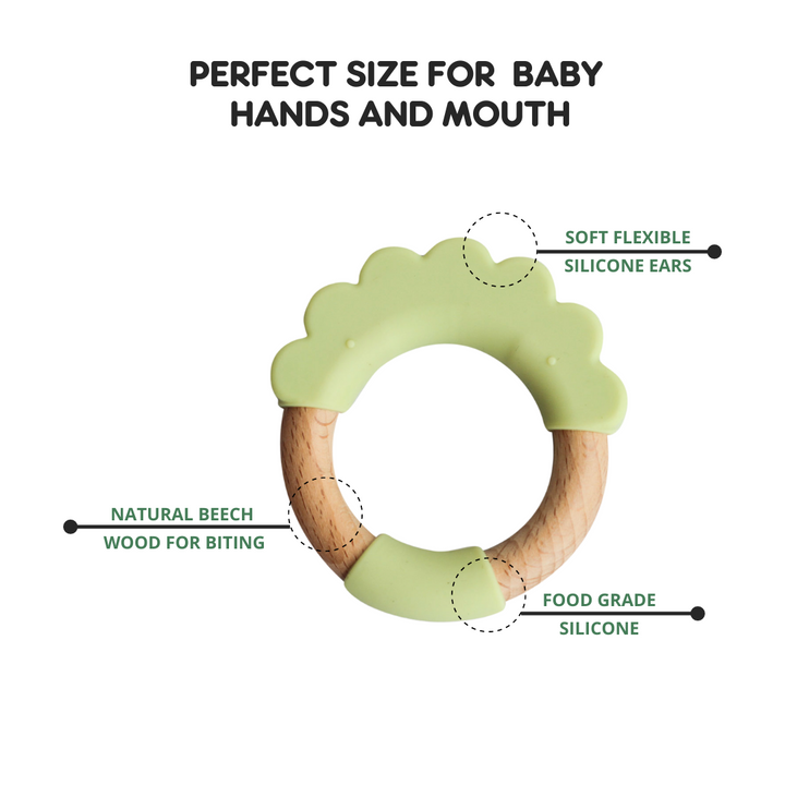 Little Rawr Wood + Silicone Teether Ring - LION Shape- Green - Sohii India