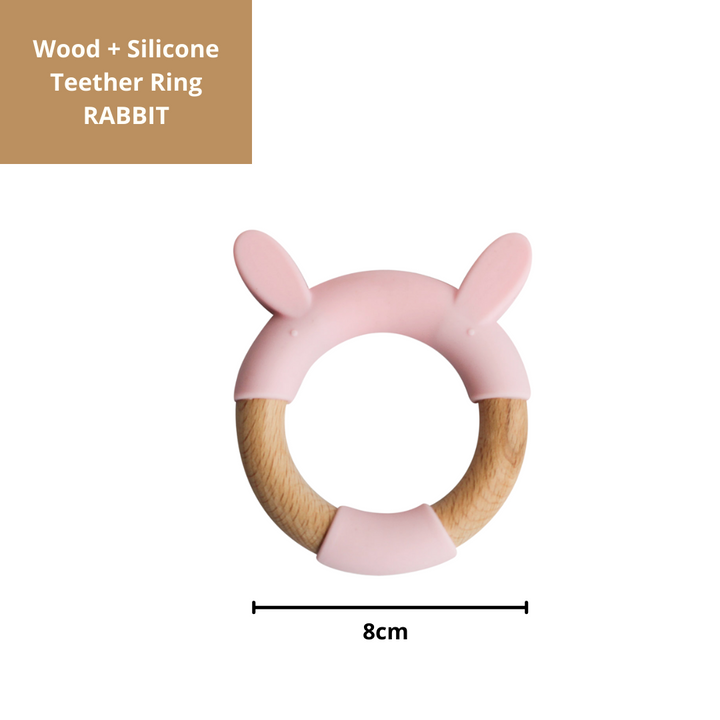 Little Rawr Wood + Silicone Teether Ring - RABBIT Shape- Pink - Sohii India